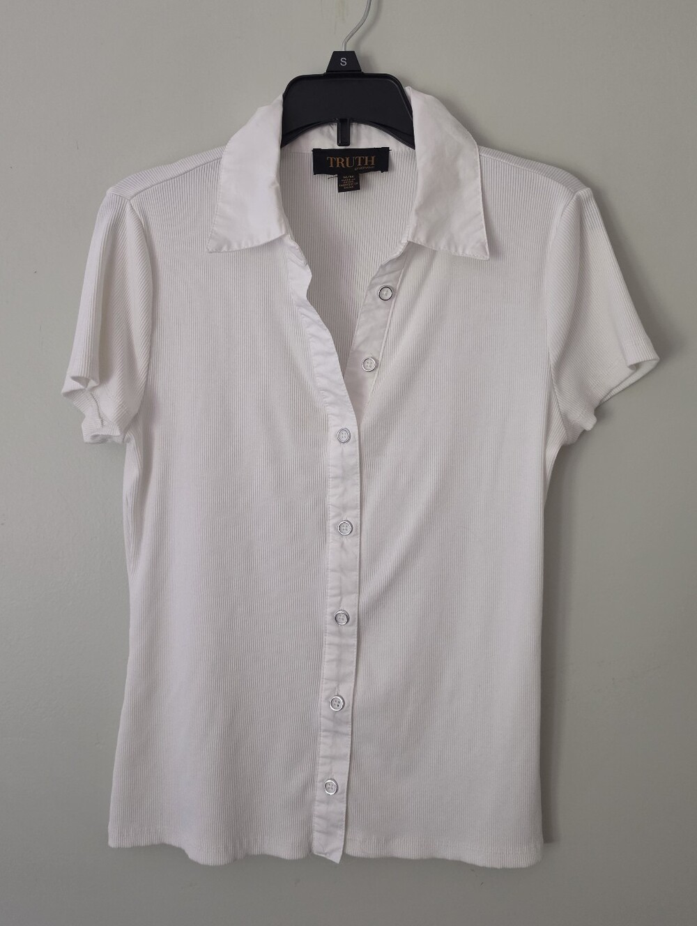 TRUTH White Ribbed Short-Sleeve Button-Up Top Size Medium